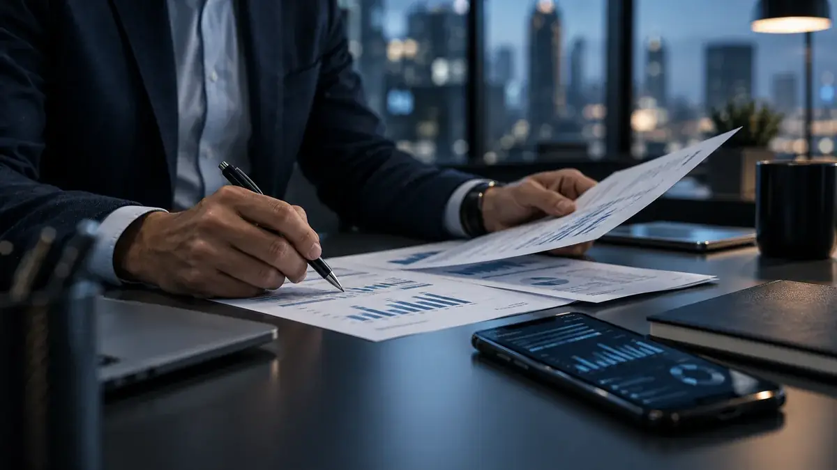Professional reviewing financial documents at a desk