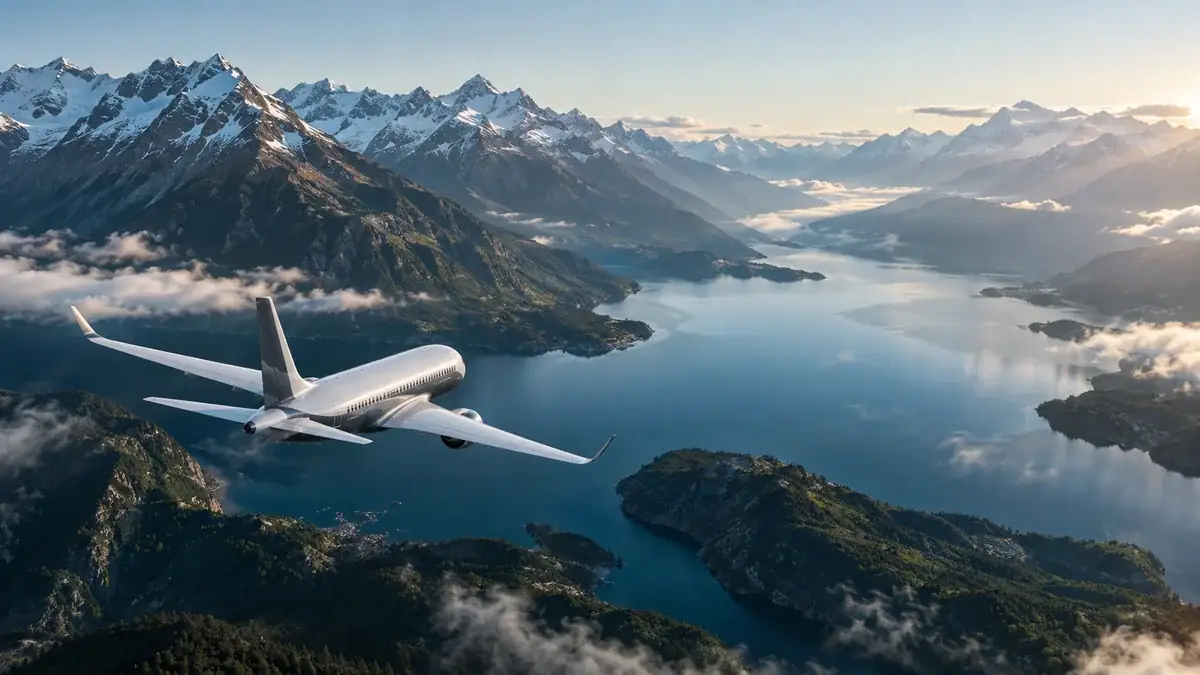 Passenger plane flying above an alpine lake